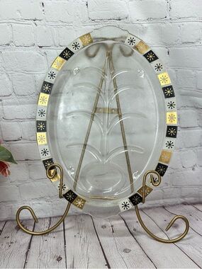 vtg inland footed Glass meat Serving Platter atomic starburst Trim retro